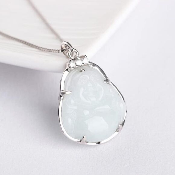 💛 Sterling Silver Burmese CZ & Jade Buddha Necklace - Picture 1 of 4
